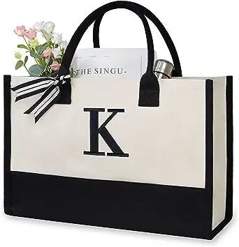 TOPDesign Personalized Initial Canvas Beach Bag, Monogrammed Gift Tote Bag for Women