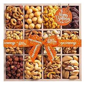 Happy Birthday Nuts Gift Basket with Happy Birthday Ribbon in Reusable Wooden Tray (12 Assortments) Gourmet Food Bouquet Platter, Bday Care Package Variety, Healthy Kosher Snack Box - Adults Women Men