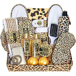 Bath Gift Set for Women and Men, 20 Pcs Set Honey & Almond Leopard Spa Gift Basket for Valentines Day Mothers Day Birthday, Home Spa Kit Gift Set with Lotion, Bath Bombs, Eye Mask, Belt, Umbrella
