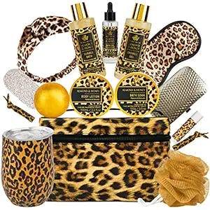 Spa Gifts Baskets for Women, 25pcs Almond Honey Home Spa Set with Leopard Print Makeup Bag, Luxury Home Spa Kit Gift Set for Valentine's Day Mother's Day Birthday, Best Gift for Her/Mom