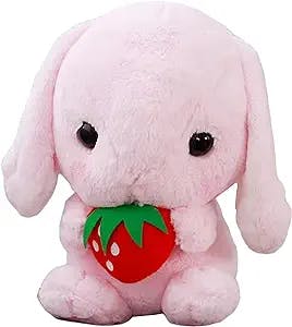 HOUPU Soft Toy - Sitting Lop Eared Rabbit, Easter White Rabbit Stuffed Bunny Animal with Carrot Soft Lovely Realistic Long-Eared Standing Pink Plush Toys (Pink-Strawberry,8.6in/22cm)