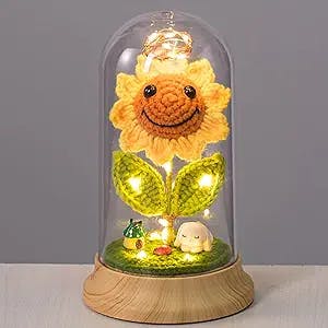 Eternal Sunflower Gifts for Women, Crochet Artificial Sun Flower Decor in Glass Dome with Led Light Strip, for Her Mom Mothers Day Birthday Anniversary Christmas Valentine's Day Gifts (Yellow)