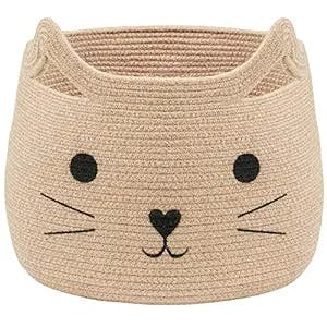 VK Living Animal Baskets Large Woven Cotton Rope Storage Basket with Cute Cat Design Animal Laundry Basket Organizer for Towels, Blanket, Toys, Clothes, Gifts – Pet or Baby Gift Baskets 15‘’ L x 14H