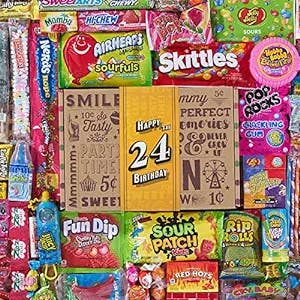 VINTAGE CANDY CO. 24th BIRTHDAY RETRO CANDY GIFT BOX - 2000 Decade Childhood Nostalgia Candies - Fun Unique Bday Care Package Gift Basket – Twenty Four Birthday - PERFECT For Women and Men Turning 24 Years Old