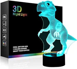 Ticent Dinosaur 3D Night Light Touch Activated Desk Lamp, 7 Colors 3D Optical Illusion Lights with Acrylic Flat, ABS Base & USB Charger for Christmas Kids Gifts