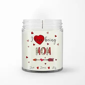 Personalized Soy Wax Candle for Mother from Family Kids Unique Gifts for Mom I Love Being Mom Heart Leopard Custom Name Scented Candle Gifts for Birthday Mothers Day Valentines Day
