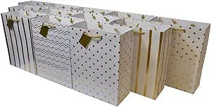 Gold Gift Bags - 12 Pack Medium Metallic Paper Gift Bags with Handles, Chevron, Polka Dot & Stripe Assorted Prints, Gift Wrap Euro Totes for Birthday Parties, Weddings, Holidays, Showers, Bulk - 7.5x3.5x9
