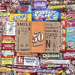 VINTAGE CANDY CO. 50th BIRTHDAY RETRO CANDY GIFT BASKET - 1973 Party Assortment Candy Variety - Unique Fun Care Package Gift Basket - Fiftieth Birthday - PERFECT For Women and Men Turning 50 Years Old