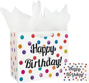 13" Large Happy Birthday Gift Bag with Card and Tissue Papers for Women Men Colorful Dots Design with Handles