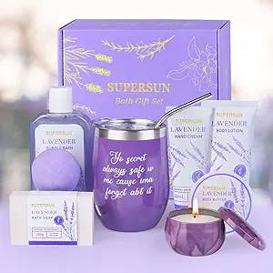 Spa Gifts for Women Bath Set ,8 Pcs Gift Set with Lavender Scented Spa Gift Set for her, Ideal Birthday Gifts for Women Friends,Includes Body Lotion,Bubble Bath,Body Butter,Bath Soap,Hand Cream,Bath Bomb,Lavender Scented Candle & Tumbler with Straw