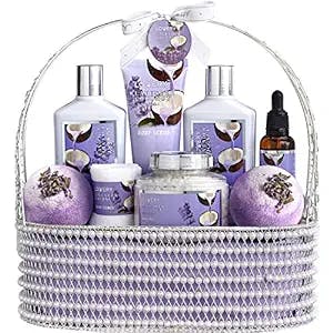 Mothers Day Home Spa Gift Baskets for Women and Men - Bath and Body Gift Basket – Spa Set of Lavender Coconut with Salts, Extra Large Bath Bombs, Bath Oil & More - Wrapped in a Handmade Pearl Basket