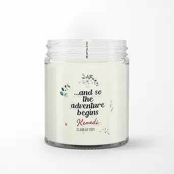 Personalized Soy Wax Candle for Friends Sister from Bestie Kid Graduation Gifts and So The Adventure Begins Leaves Florals Custom Name 9oz Scented Candle Senior Graduate Gifts for Men Women