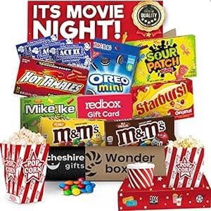 Movie Night Gift Baskets For Women And Men – with Movie Snack Trays, Movie Candy Variety Pack, Movie Snacks, Movie Gift Card & Popcorn Gift Set – Gift Baskets For Families & Movie Night Supplies, Mothers Day Gifts by Cheshire Gifts