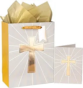 MAYPLUSS 13" Gold Cross Gift Large Bag with Greeting Card and Tissue Paper for First Communions Religious Wedding/Baptism