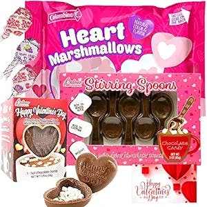 Valentine's Day Gift | Marshmallow Heart Shaped Bag Vanilla | Chocolate Stirring Spoons, Cocoa Bomb, Lollipop & Card | For Hot Cocoa Lovers Him Her Boy Girl Friend Students Co-worker Kids