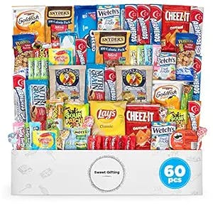 Snack Box Variety Pack Care Package (60 Count) Kids, Teens, Adults, Men, Women, College Student, Christmas Gift Basket Snackbox, Office Sampler, Stocking Stuffers, Candy Food Cookies Chips Arrangement, Sweet Gifting