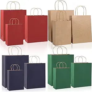 Qutienwa Extra Thick 24Pcs Gift Bags Assorted Sizes, 4Colors(Red/Blue/Green/Brown), 3Sizes(Large/Medium/Small), Perfect Solution for Christmas Mother's Day Father's Day Thanksgiving Birthday Party