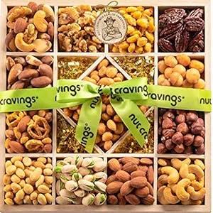 Mothers Day Mixed Nuts Gift Basket in Reusable Wooden Tray + Green Ribbon (13 Assortments) Gourmet Food Bouquet Arrangement Platter, Birthday Care Package, Healthy Kosher Snack Box, Mom Women Wife Men