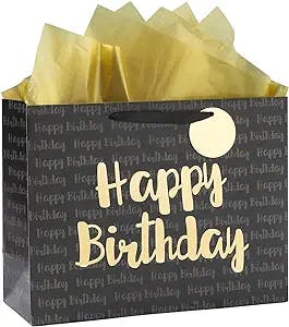 Loveinside Black and Gold Birthday Gift Bag with Tissue Paper for Birthday, Baby Shower, Party, and More - 13" x 10" x 5", 1 Pcs