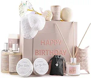 Birthday Gift Basket - Bath and Spa Gift Set for Women - Luxury Birthday Spa Gift Box with Vit E- Rich Bath Essentials, Diffuser, Candle, Sterling Silver CZ Heart Necklace, 24k Flower Rose Gift & More