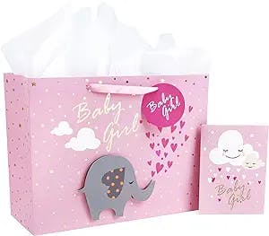 MAYPLUSS 16" Extra Large Gift Bag with Greeting Card and Tissue Paper - Baby Girl 3D Making Design