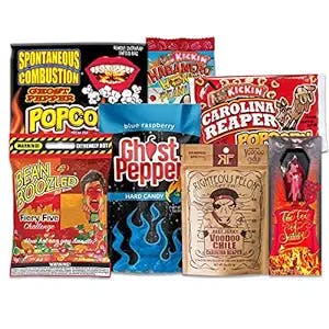 Hot and Spicy Snack and Candy Gift Box - Toe of Satan Lollipop, Ghost Pepper & Carolina Reaper Popcorn, Voodoo Chile Jerky - Gift Baskets for Men
