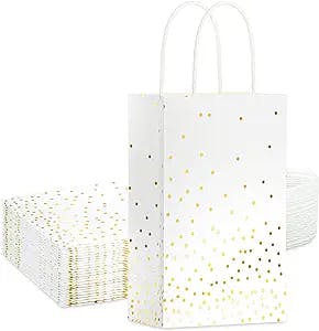 ECOHOLA 25 Pack White and Gold Gift Bags with Handles and Gold Foil Dots, Perfect for Bridal Party, Birthday Party, Wedding or Baby Showers