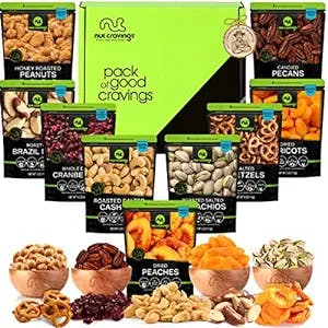 Mothers Day Dried Fruit & Mixed Nuts Gift Basket in Green Box (9 Assortments) Gourmet Food Bouquet Arrangement Platter, Birthday Care Package, Healthy Kosher Snack Tray, Mom Women Wife Men Adults