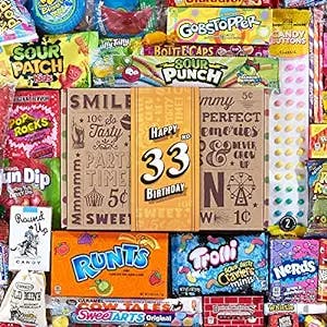 VINTAGE CANDY CO. 33rd BIRTHDAY RETRO CANDY GIFT BASKET - 1990 Party Assortment Candy Variety - Unique Fun Care Package Gift Basket - Thirty-Third Birthday - PERFECT For Women and Men Turning 33 Years Old