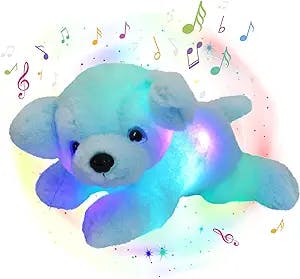 Glow Guards 15'' Blue Light up Musical Dog Stuffed Animal Soft Plush Puppy Toy Pillow with LED Night Lights Lullabies Singing Glowing Christmas Children's Day Birthday for Gift Toddler Kids