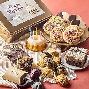 Dulcet Gift Basket Happy Birthday Party Gift Package in Tin with Balloons, Candles -Birthday Cake Great Gift for Men, Women, Him, Her, Mom, Dad, Friends & Family