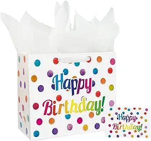 13" Large Happy Birthday Gift Bag with Card and Tissue Papers for Kids Colorful Dots Design with Handles