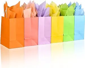 Gift Bags with Tissue Paper, 24 Pack Small medium Size Gift Wrapping Paper Bags with Handle in Bulk Cute Solid Rainbow Colorful Plain Little Medium Kraft goodies bags set Return Party Favor Present Bags for Kids Baby Happy Birthday (Small)