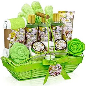 Mothers Day Gifts Home Spa Gift Baskets For Women, Bath and Body Gift Basket, Magnolia & Jasmine Home Spa Set, Fragrant Lotions, Bath Bomb, Towel, Shower Gloves, Green Wired Bread Basket & More, 13Pcs