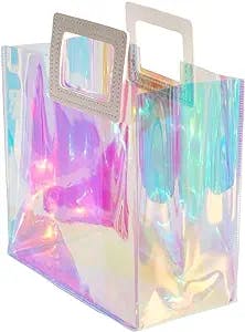 VUOJUR Holographic Small Gift Bag 8.3x8x4'' Clear Reusable Birthday Gift Bag for Women Girls Iridescent Christmas Wedding Gift Bag with Handle