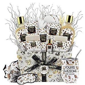 Mothers Day Home Spa Kit in Honey Almond Scent, Bath Gift Basket with Vit E-Rich Bath Essentials, Tumbler, Ear Candles, Bath Oil, Salts, Shower Steamer, Organic Lip Balm & More in Leopard Basket, 21Pc