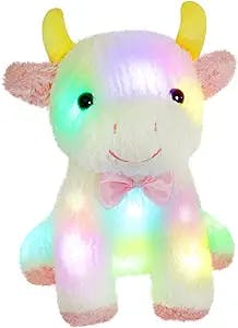 Glow Guards 10'' LED Light up Bull Stuffed Farm Animal Colorful Cute Soft Plush Floppy Toy Night Glow in The Dark Winter Christmas Birthday Gifts for Kids Toddlers, White