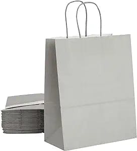 BLUE PANDA 25 Pack Gray Paper Gift Bags with Handles for Gifts, Small Business Supplies (8 x 10 x 4 In)