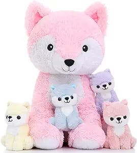 Muiteiur 5 Piece Fox Stuffed Animal Set Soft Mommy Fox Plush Toy with 4 Cute Baby Foxes Stuffed Animal for Girls and Boys Gift for Kids Birthday Christmas Valentine's Children's Day, Pink 20inch