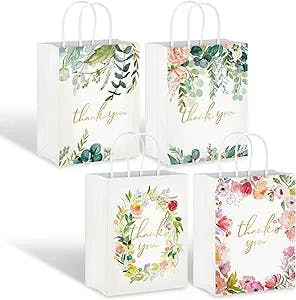 Whaline 16Pcs Thank You Gift Bags Floral Design Gift Bags with Handles Wedding Small Paper Bags for Business Shopping Boutique Gifts,Birthday Party,Baby Shower,Wedding Celebration,6.3 x 8.7 x 3.1in