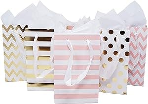 Paper Favor Gift Bags for All Events & Parties w/Satin Ribbon Handles + Decorative Tissue Paper, 12 Count (Pink, Gold Mylar)