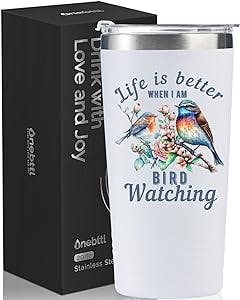 Bird Watching Gifts, Unique Bird Watching Tumbler Gifts for Bird Lovers & Bird Watchers, 20oz Wine Tumbler with Spill-Proof Lid, Best Gift for Birthday, Christmas, Gift Card & Box Included - White