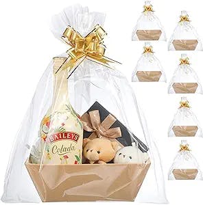 Mimorou,22 Pieces Baskets for Gifts Empty Gift Basket Kit Includes 6 Empty Gift Baskets 6 Clear Gift Bags for Baskets and 10 Gold Pull Bows Gift Packages for Wedding Birthday Thanksgiving Party Gift Wrapping
