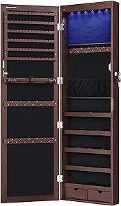SONGMICS 6 LEDs Mirror Jewelry Cabinet, 47.2"H Lockable Wall/Door Mounted Jewelry Armoire Organizer with Mirror, 2 Drawers, Brown UJJC93K