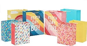 Hallmark Assorted Birthday Gift Bags for Kids (8 Bags: 4 Medium 9", 4 Large 13") Rainbow, Stripes, Polka Dots, Yellow, Pink, Blue