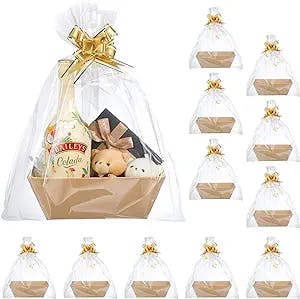 44 Pcs Basket for Gifts Empty Gift Basket Kit Include 12 Gift Basket Empty 12 Plastic Bags for Gift Baskets and 20 Gold Pull Bows for Wedding Birthday Thanksgiving Christmas Party Gift Wrapping