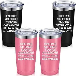 Thank You Gifts, Sometime You Forget You're Awesome So This Is Your Reminder Tumblers Appreciation Gifts for Women Men Teachers Friends, 20 oz Mug Tumblers (Black, Pink, 4 Pieces)