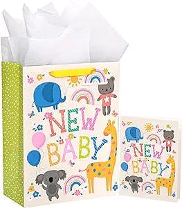 WRAPAHOLIC 13" Large New Baby Gift Bag with Card and Tissue Paper - Elephant and Giraffe
