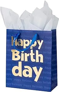 Loveinside Paper Gift Bags Gold Metallic Happy Birthday Printed Medium Gift Bags for Birthday - 10.2''x12.5''x4.7'', Navy Blue
