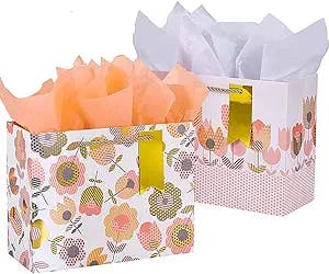 SUNCOLOR 2-Pack 9" Small Gift Bags with Tissue Paper For Her(Tulip Flower)